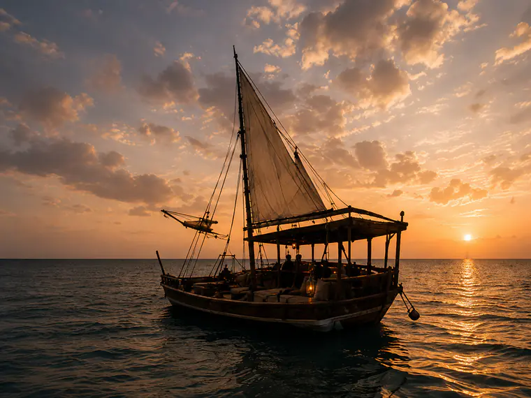 Dhow sailing at sunset on calm water