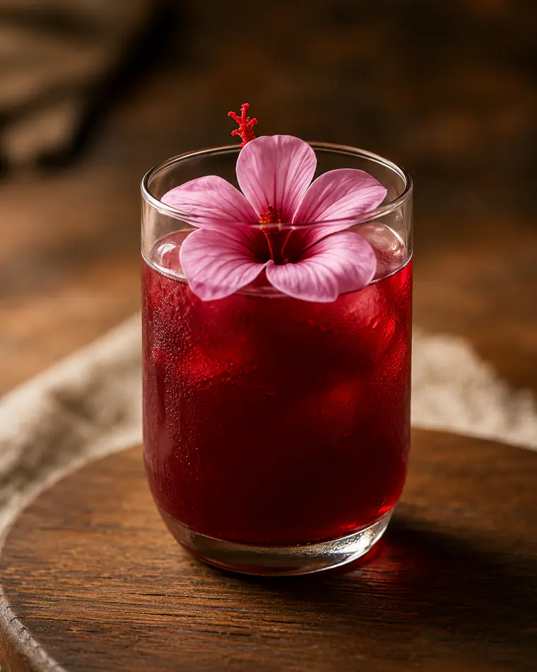 Bright hibiscus drink with a flower garnish